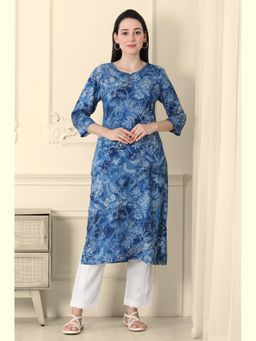 W - Indigo Blue Floral Printed Rayon Straight Kurta