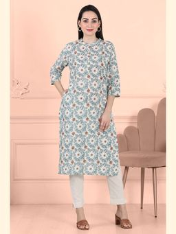 W - Mandarin White Pure Cotton Straight Kurta with Floral Print
