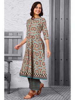 W - Multi-Coloured Geometric Printed Flared Kurta with Metallic Embroidered