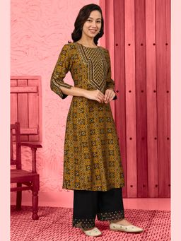 W - Mustard Yellow Geometric Printed Sequined Straight Kurta