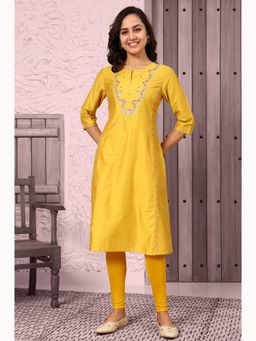 W - Yellow Solid Dori Embroidered Festive Straight Kurta