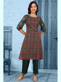 W - Green Floral Printed Dori Embroidered Chiffon Kurta with Attached Lining
