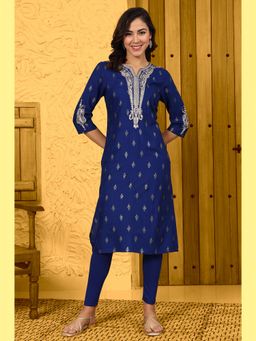W - Navy Blue Glitter Embellished Straight Kurta with Dori on Yoke