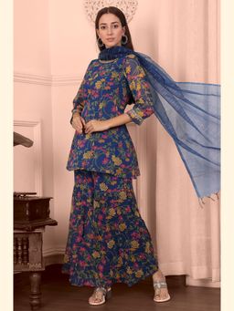 W - Navy Blue Floral Embroidered Flared Short Kurta and Sharara with Dupatta (Set of 3)