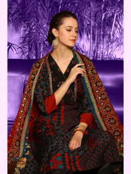 W - Black Patch Printed Metallic Embroidered A-Line Kurta with Pant and Dupatta (Set of 3)