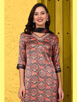 W - Black Floral Printed Japanese Satin Embroidered Kurta and Pant with Dupatta (Set of 3)