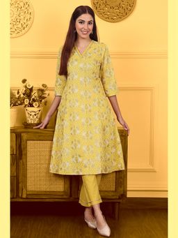 W - Custard Yellow Floral Printed Embroidered A-Line Pure Cotton Kurta with Pant (Set of 2)