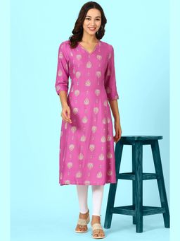 W - Purple Floral Printed Rayon with Embroidered Kurta