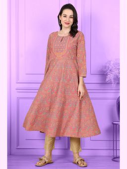 W - Magenta Floral Printed Pure Cotton Flared Kurta with Sequin Detail