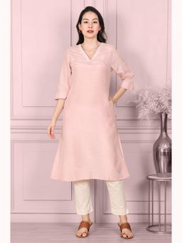 W - Pink Solid Snow Linen Straight Kurta with Thread Work On Neck