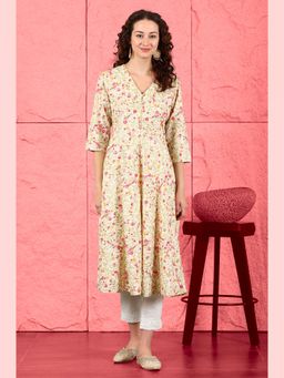 W - Cream Floral Printed Pure Cotton A-Line Kurta