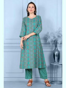 W - Blue Floral Printed Flared Rayon Kurta with Lace