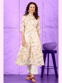 W - Off White Floral Printed Kota A-Line Kurta In Mandarin Collar