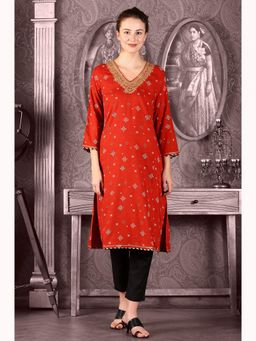 W - Ceramic Red Printed Straight Rayon Kurta with Metallic Embroidery On Neck
