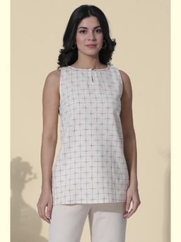 W - Women's White Yarn Dyed Checks Cotton Blend Sleeveless Top