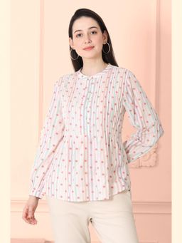 W - Women's Stripes Print White Pintuck Yoke Cotton Blend Embroidered Top