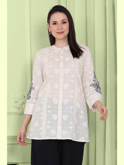 W - White Embroidered Sleeves Floral Printed Pure Cotton Top