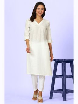W - XXX White Solid Snow Linen Straight Thread Work Neck Kurta