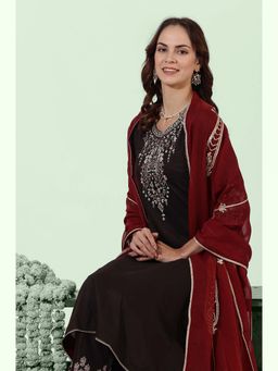 W - Brown Embroidered Anarkali Kurta with Pant and Dupatta (Set of 3)