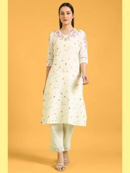 W - Off White Floral Printed Embroidered Pure Cotton Kurta
