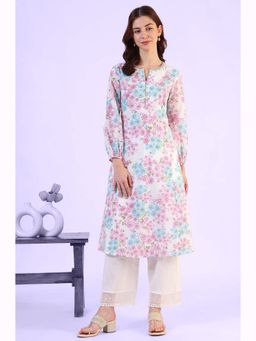 W - Multi-Color Floral Printed Cotton Kurta