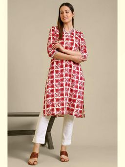 W - Red Floral Printed Straight Pure Cotton Kurta