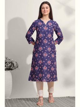 W - Purple Floral Printed Cotton Cambric Straight Kurta