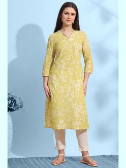 W - Lime Yellow Floral Printed Cotton Cambric Straight Kurta