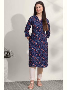 W - Navy Blue Floral Printed Cotton Cambric Straight Kurta