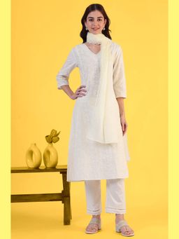 W - V-Neck Embroidered Kurta with Pant and Dupatta (Set of 3)