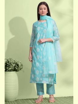 W - Blue Round Neck Embroidered Kurta with Pant and Dupatta (Set of 3)