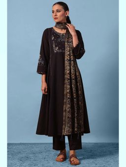 Folksong - Black Round Neck Printed Kurta with Pant and Dupatta (Set Of 3)