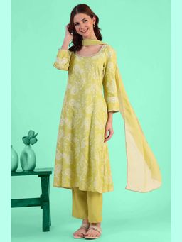 W - Lime Green Floral Printed Kurta with Pant and Dupatta (Set of 3)