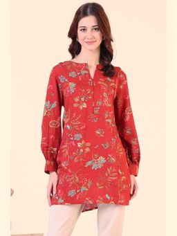 W - Red Floral Printed Princess Panelled Ethnic Top