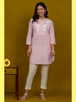W - Pink Yarn Dyed Cotton Tunic In Mandarin Collar