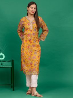 W - Yellow Floral Printed Straight Kota Kurta