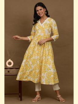 W - Floral White and Yellow Printed Pure Cotton Flared Kurta