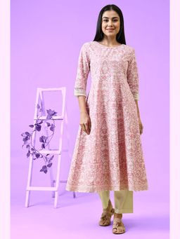 W - Pink Paisley Printed Pure Cotton Anarkali Kurta & Pant (Set of 2)