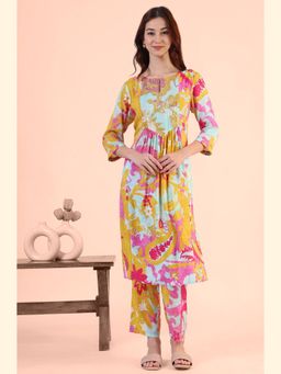 W - Blue Abstract Printed Sequined Yoke Satin Straight Kurta with Pant (Set of 2)