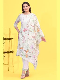 W - Cream Floral Printed Kota Straight Kurta with Pant & Dupatta (Set of 3)