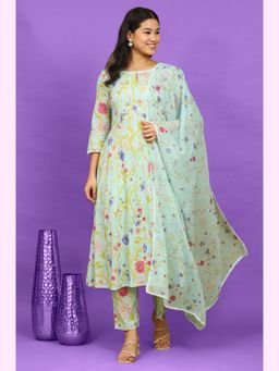 W - Light Turquoise Blue Floral Printed Flared Kurta with Pant & Dupatta (Set of 3)
