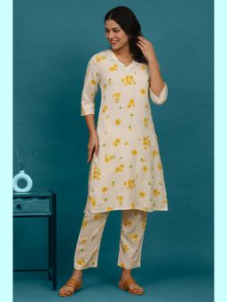 W - Off-White Floral Printed Rayon Flax Straight Kurta and Pant (Set of 2)