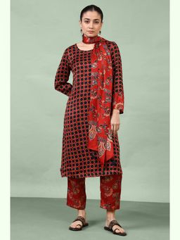Folksong - Women Red Ajrakh Printed Kurta with Straight Pant & Dupatta (Set Of 3)