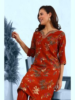 W - Equestrian Red Foil Floral Printed Crepe Straight Kurta with Pant (Set of 2)