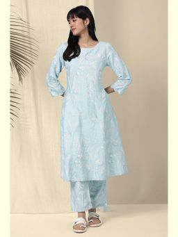 W - Blue Viscose Round Neck Kurta and Pant (Set of 2)