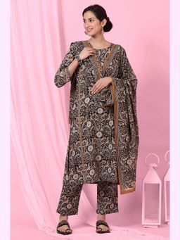 Folksong - Black Pure Cotton Keyhole Neck Kurta With Pant and Dupatta (Set Of 3)