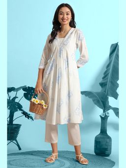 W - Floral White Printed Swiss Dot Gathered Kurta & Pant (Set of 2)