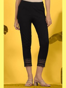 W - Black Solid Cotton Flax Slim Pants with Lace