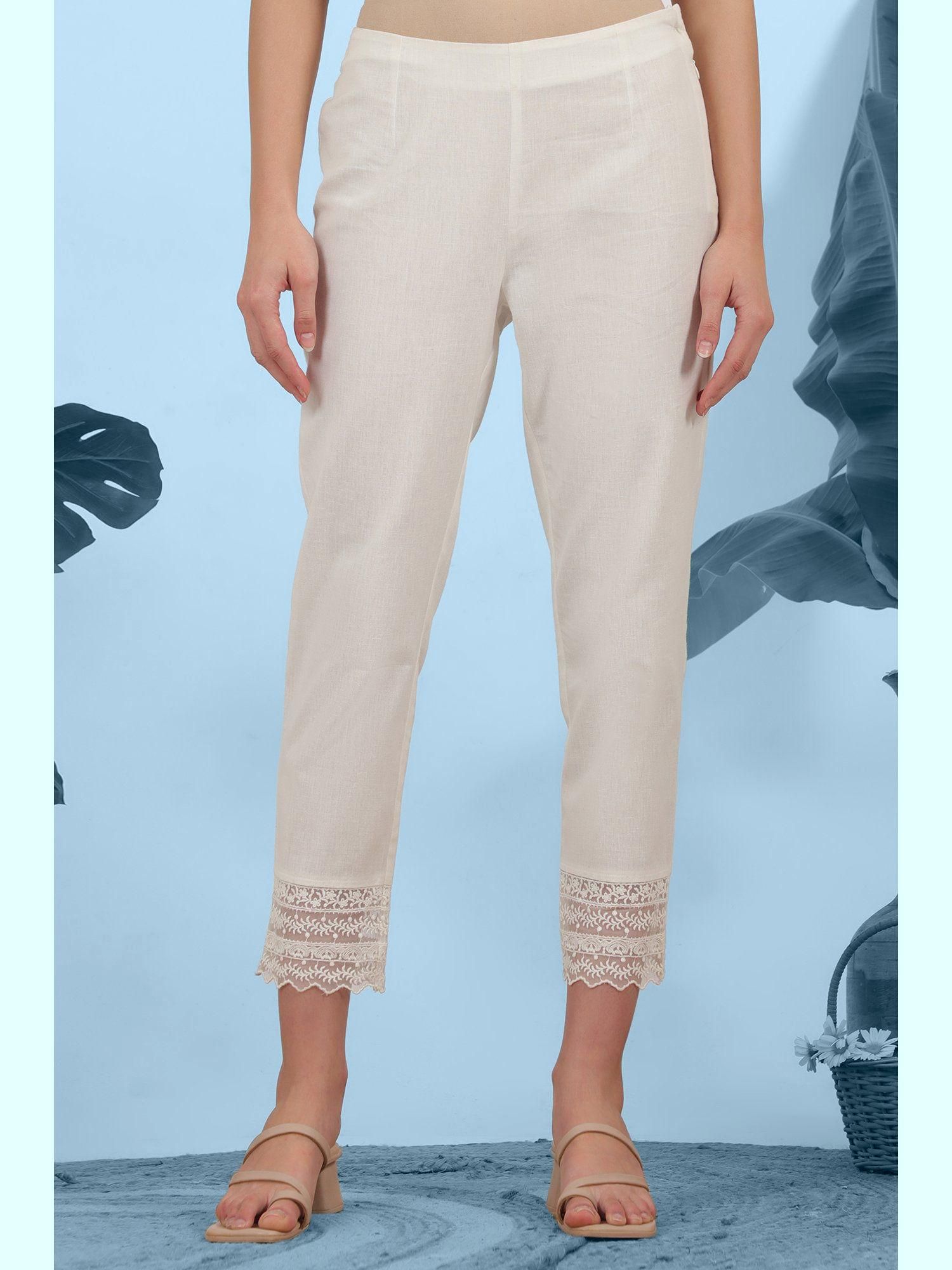 Solid White Cotton Flax Slim Pants with Lace-picture-20