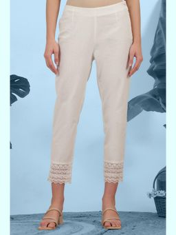W - Solid White Cotton Flax Slim Pants with Lace